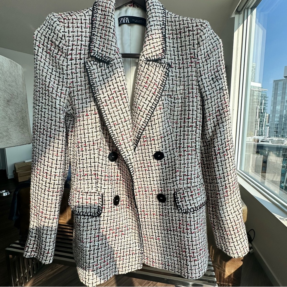 Zara Women's Black and White Tweed Blazer with Red Accents